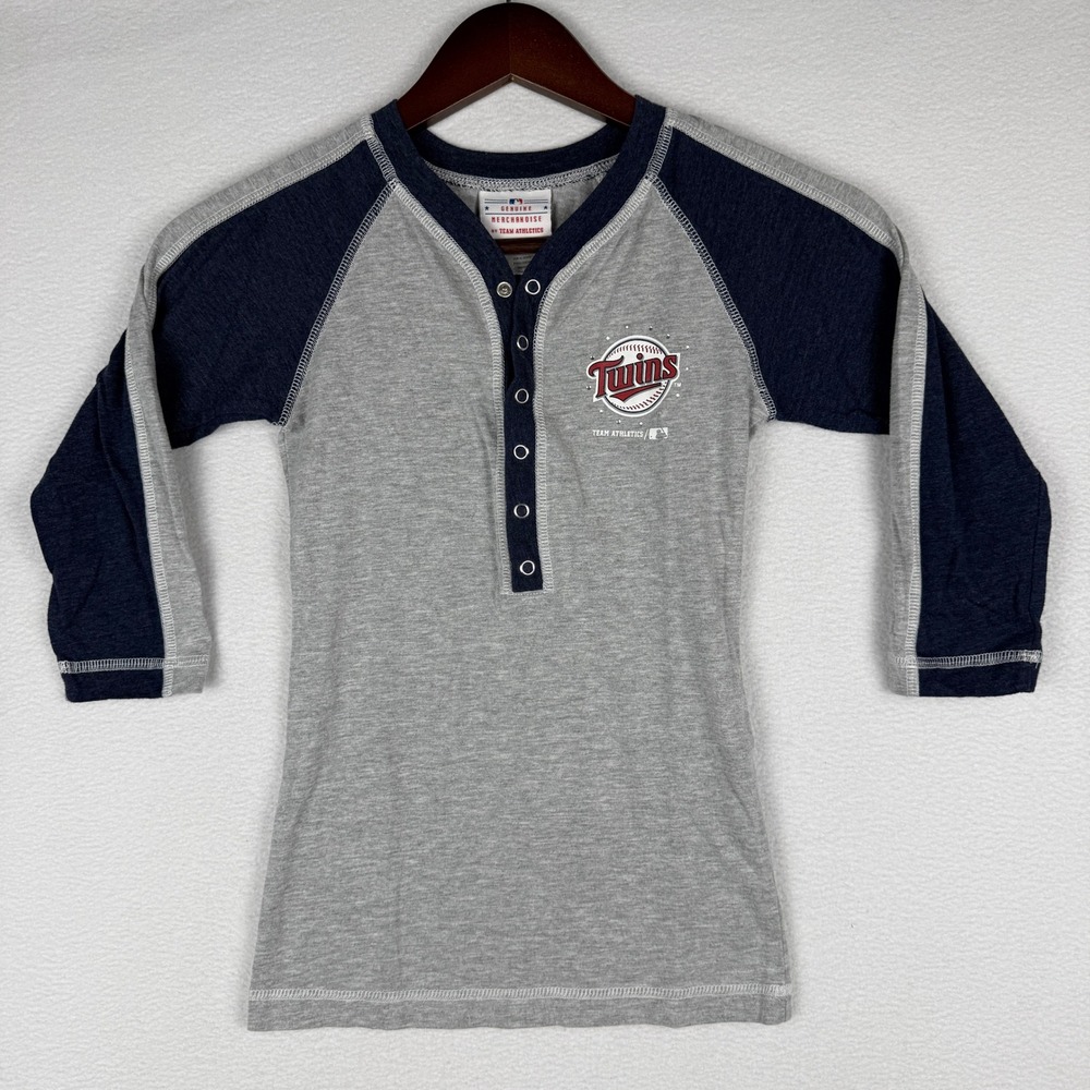 Minnesota Twins Henley Shirt Girls M 7/8 Gray Joe Mauer MLB Baseball Top